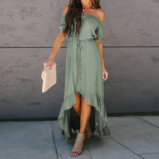 Off Shoulder Tie Waist Low High Long Dress