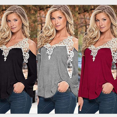 Sexy V-neck Long Sleeves Lace Patchwork Off-shoulder Blouse