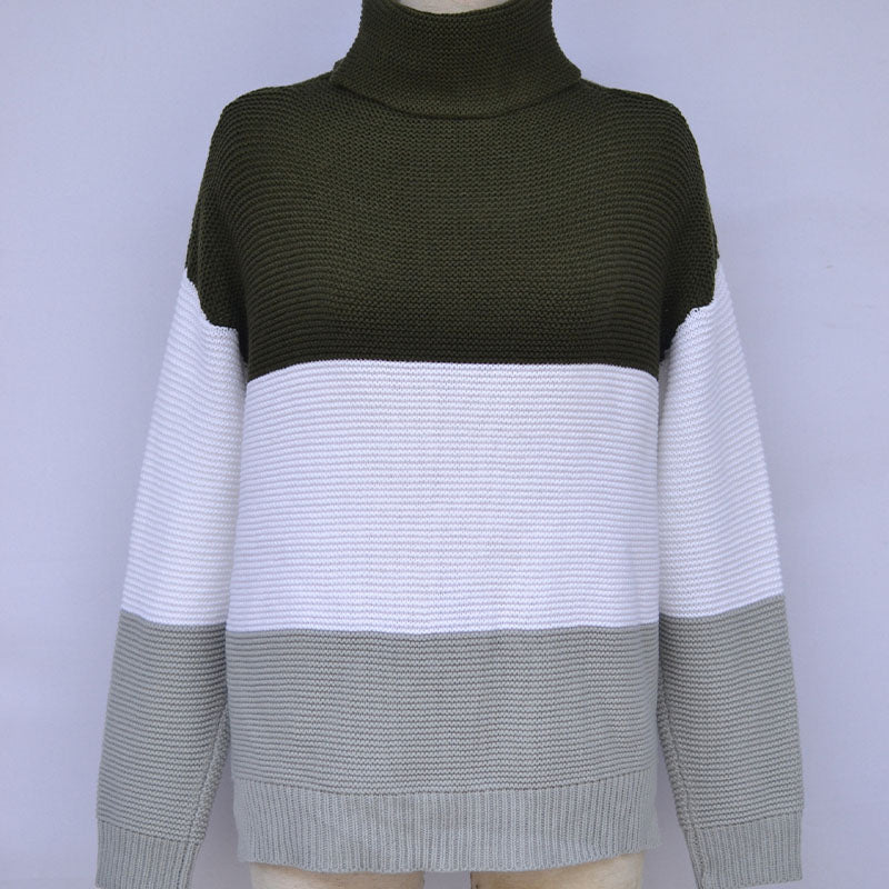 Turtleneck Colorblock Crochet Pullover Sweater