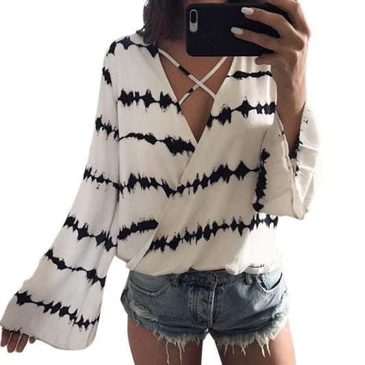 Stripe V-neck Long Trumpet Sleeves Blouse