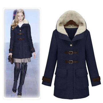 Hooded Lamb Wool Thick Long Sleeves Mid-length Coat