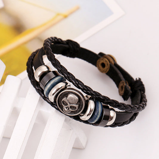 Retro Skull Beaded Woven Leather Bracelet