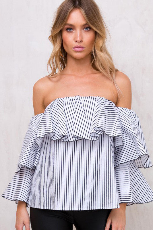 Stripe Off Shoulder Long Trumpet Sleeves Blouse