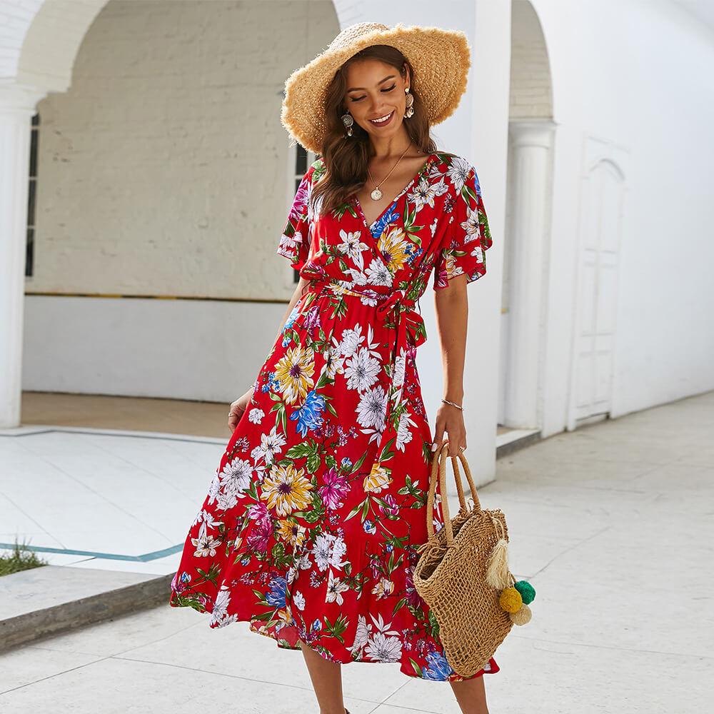 Retro Floral Tie Waist Midi Dress