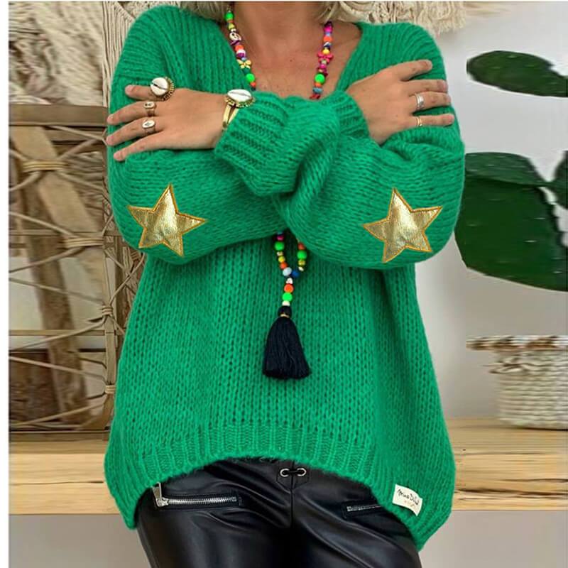 V Neck Stars Pattern Knit Sweater