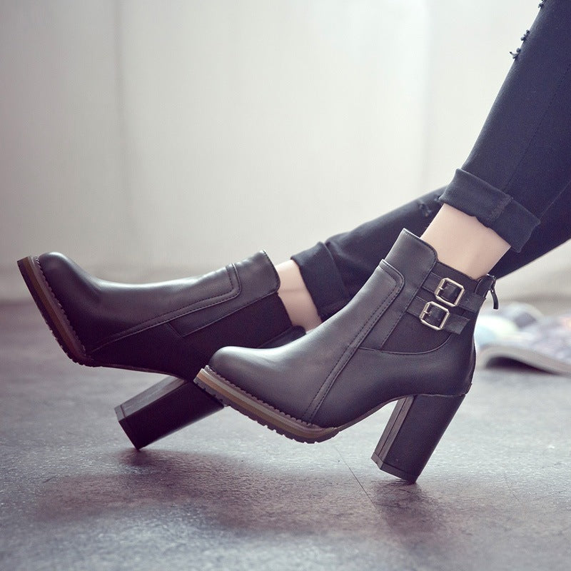 Pointed Toe Hasp Middle Chunky Heels Short Boots