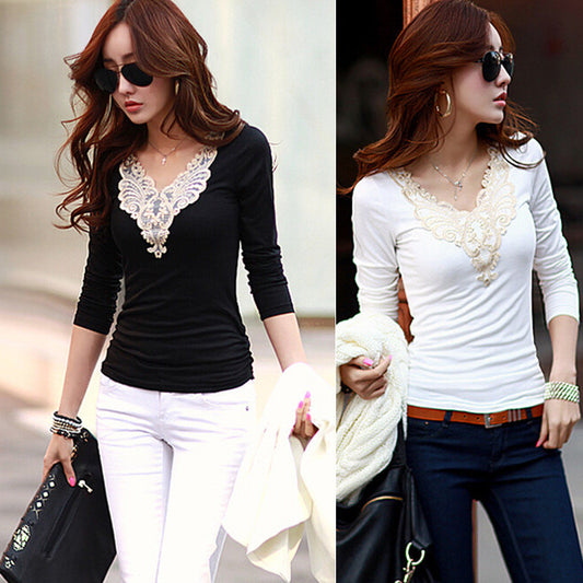 Plus Size Lace Patchwork Slim Long Sleeves V-neck Blouse