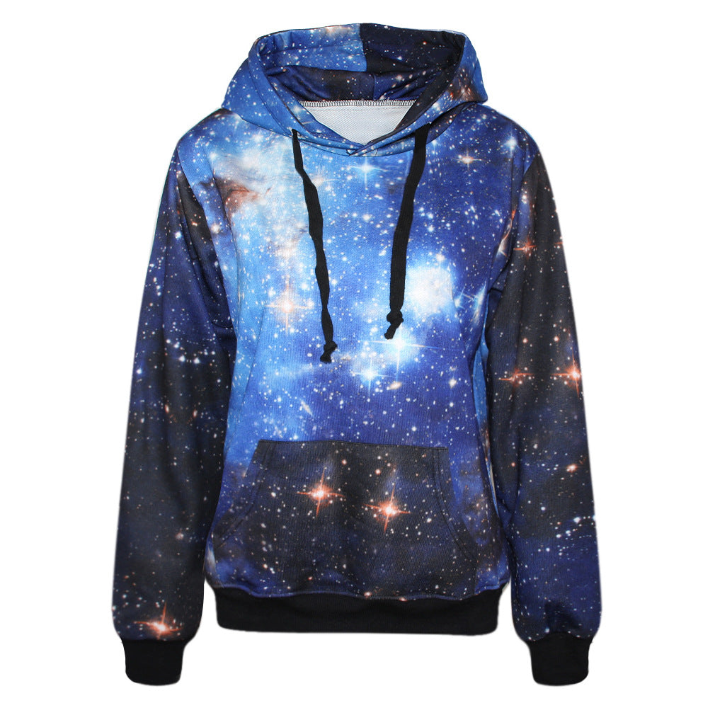 Galaxy Stars Print Drawstring Pocket Slim Hoodie