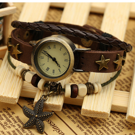 Retro Star Leather Woven Bracelet Watch