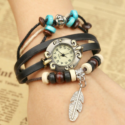 Feather Pendant Woven Bracelet Watch