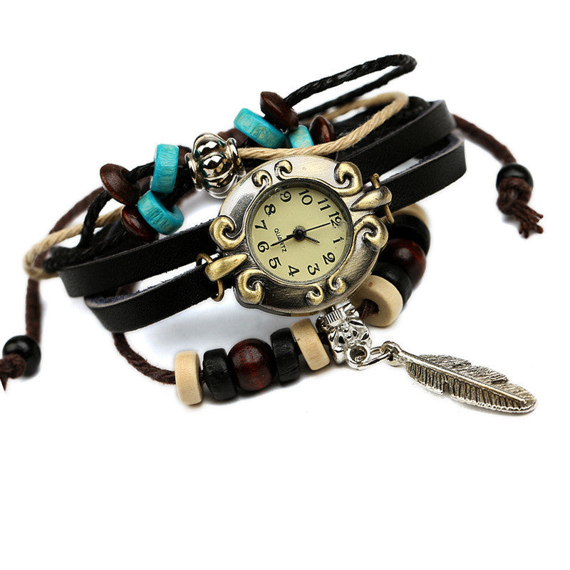 Feather Pendant Woven Bracelet Watch