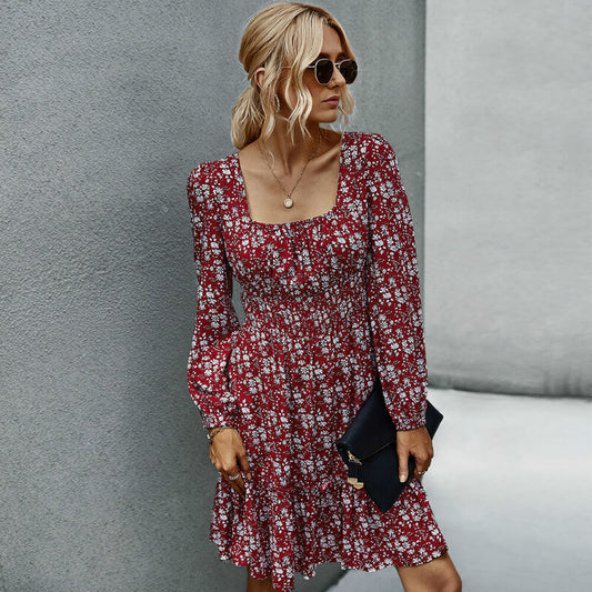 Square Neck Floral A Line Dress