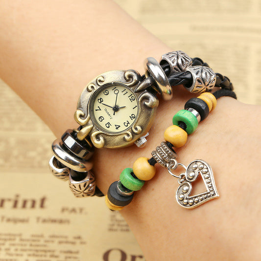 Retro Beaded Leather Bracelet Watch