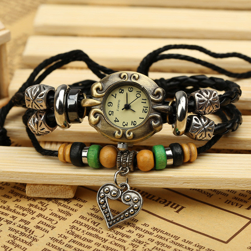 Retro Beaded Leather Bracelet Watch