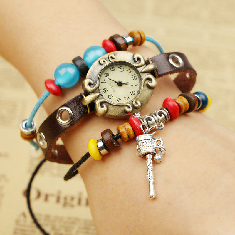 Retro Beads String Leather Bracelet Watch