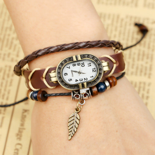 Retro Braided Leather Bracelet Watch