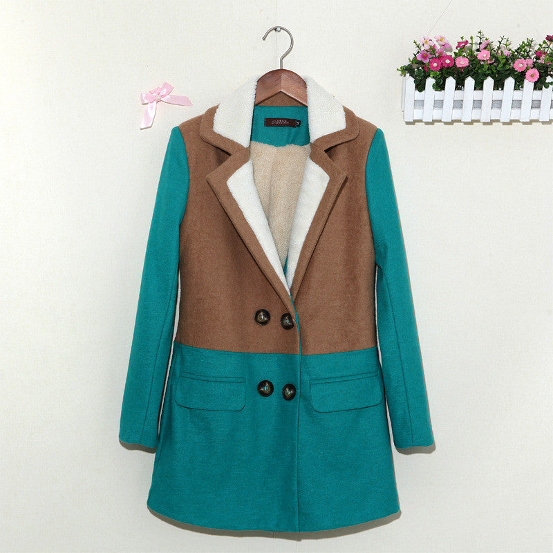 Lamb Wool Turn-down Collar Double Button Patchwork Mid-length Coat