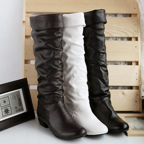 Women's Grace Devise Round Toe Synthetic Leather Flat Knee High Boots