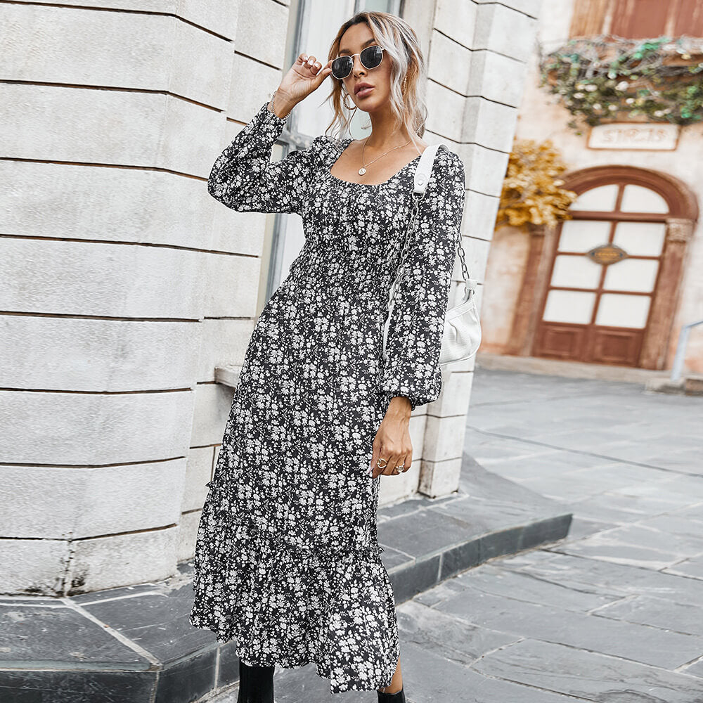 Retro Square Neck Floral Long Dress