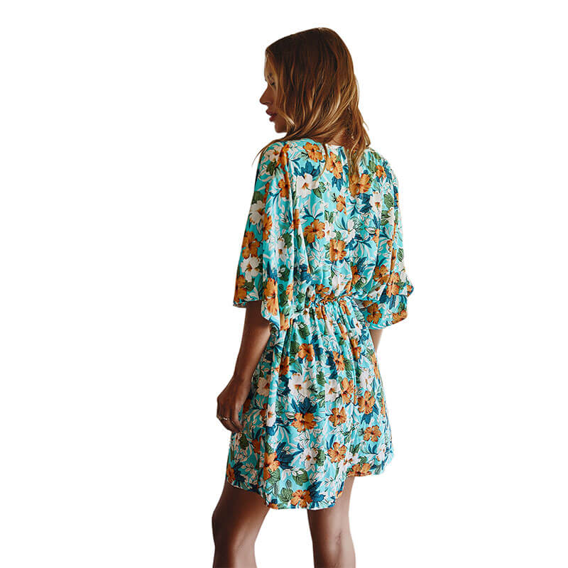 Half Sleeve Floral Dobby Short Beach Dress