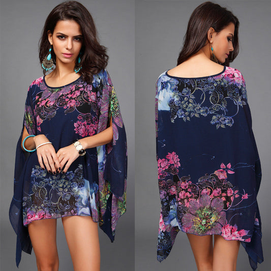 Beautiful Chiffon Plus Size Floral Print Batwing-Sleeved Blouse