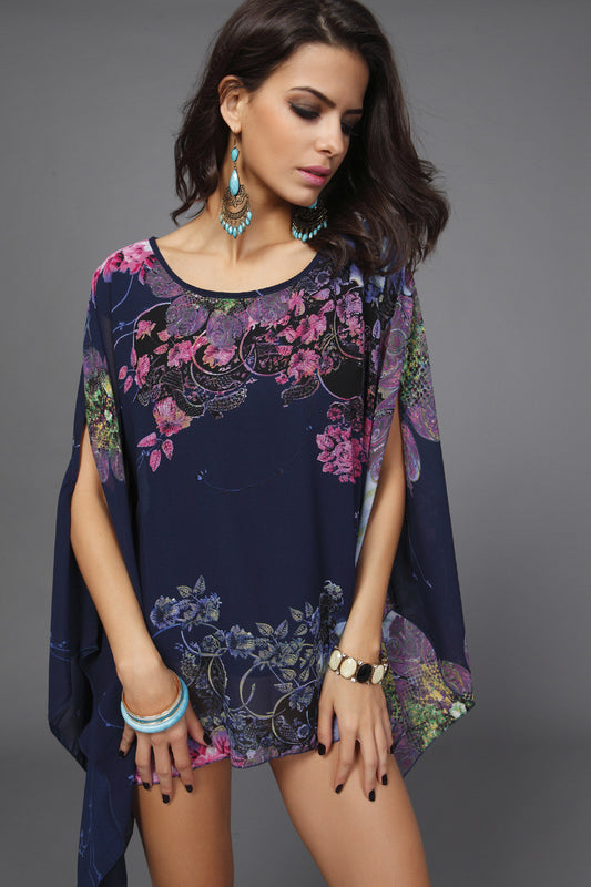 Beautiful Chiffon Plus Size Floral Print Batwing-Sleeved Blouse