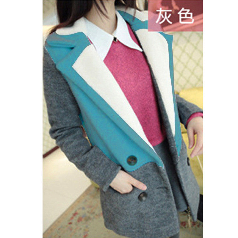 Lamb Wool Turn-down Collar Double Button Patchwork Mid-length Coat