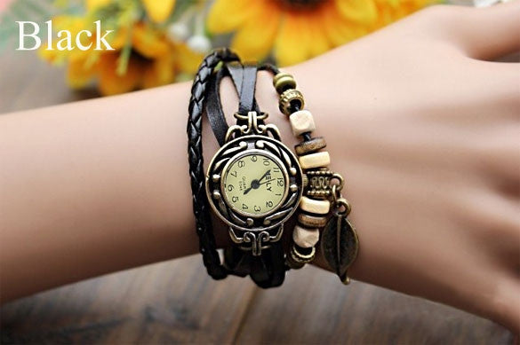 Quartz Weave Wrap Synthetic Leather Bracelet Women's Wrist Watch