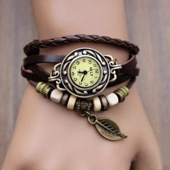 Quartz Weave Wrap Synthetic Leather Bracelet Women's Wrist Watch