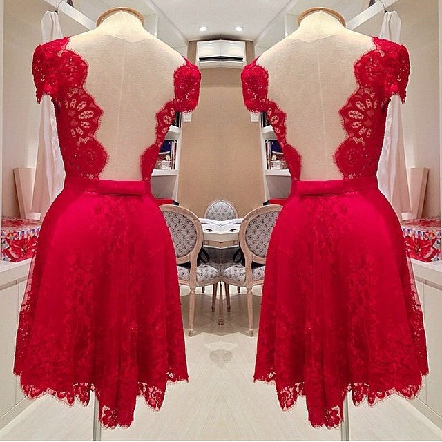 V-Neck Cap Sleeves Backless Short Lace Party Dress