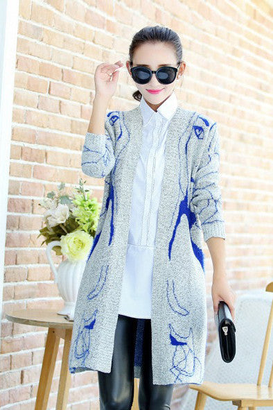 Print Long Sleeves V-neck Long Cardigan