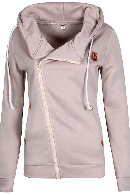 Solid Color Zipper High Neck Drawstring Slim Hoodie Coat