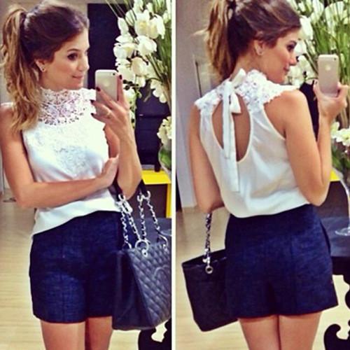 Lace High Neck Sleeveless Backless Slim Blouse