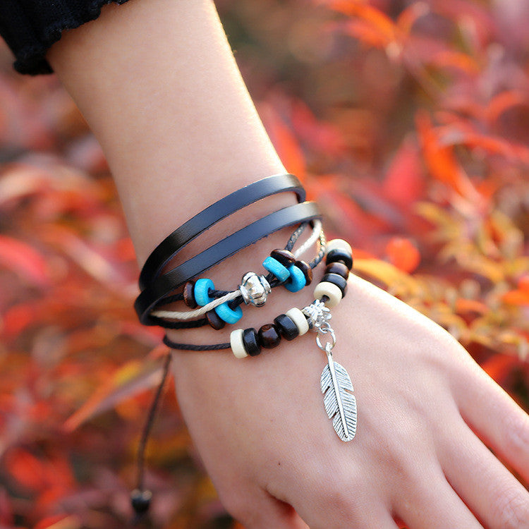 Feather Beaded Multilayer Bracelet