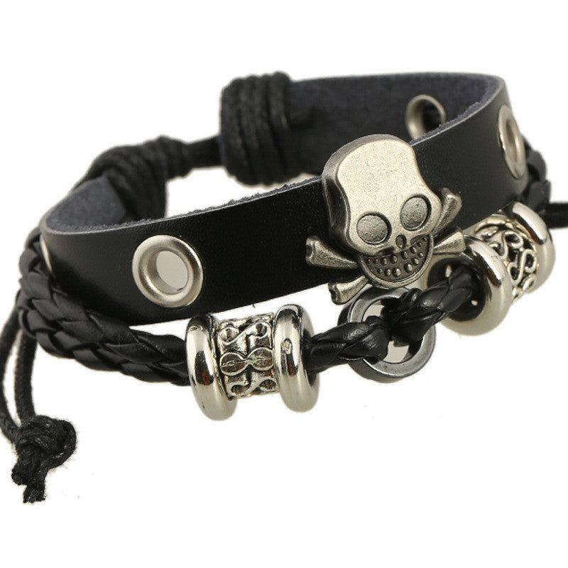 Beaded Skull Leather Bracelet