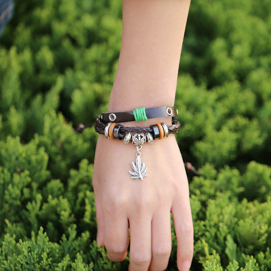 Maple Leaf Pendant Leather Bracelet