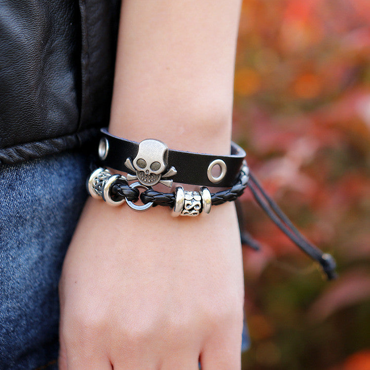 Beaded Skull Leather Bracelet