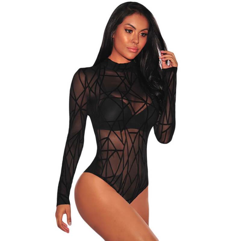 Sexy Black Long Sleeves Mesh Sheer High Neck Bodysuit