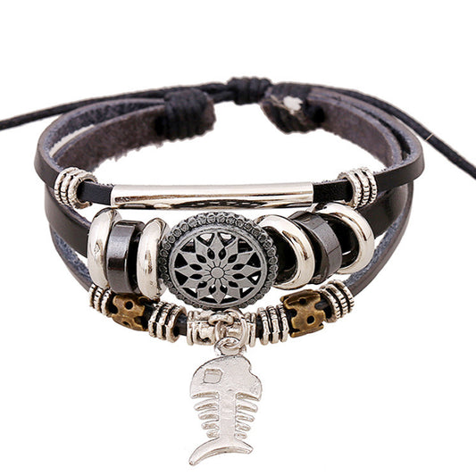 Personality Fish Bone Pendant Leather Bracelet