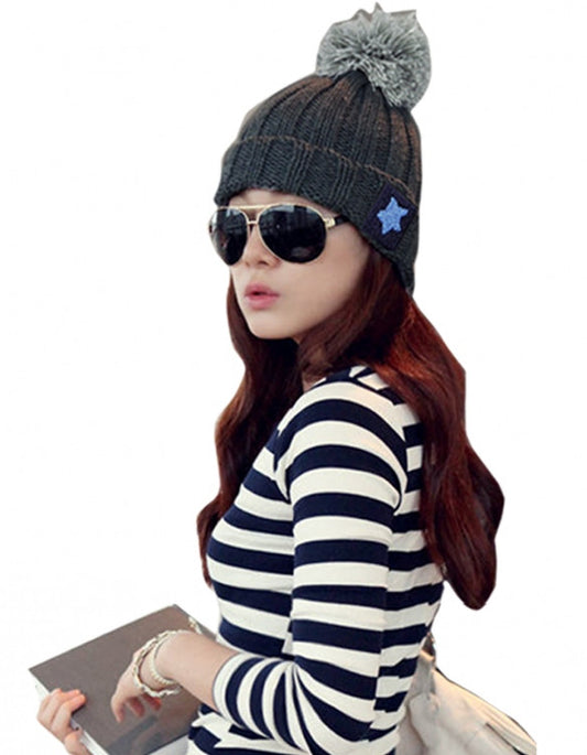 Roll-up Hem Bulb Pentagram Wool Knitted Hat Women Accessories