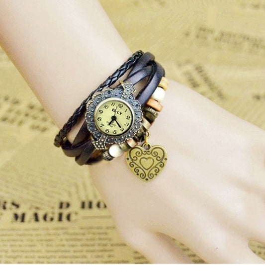 Stylish Quartz Weave Wrap Synthetic Leather Bracelet Girl's Wrist Watch