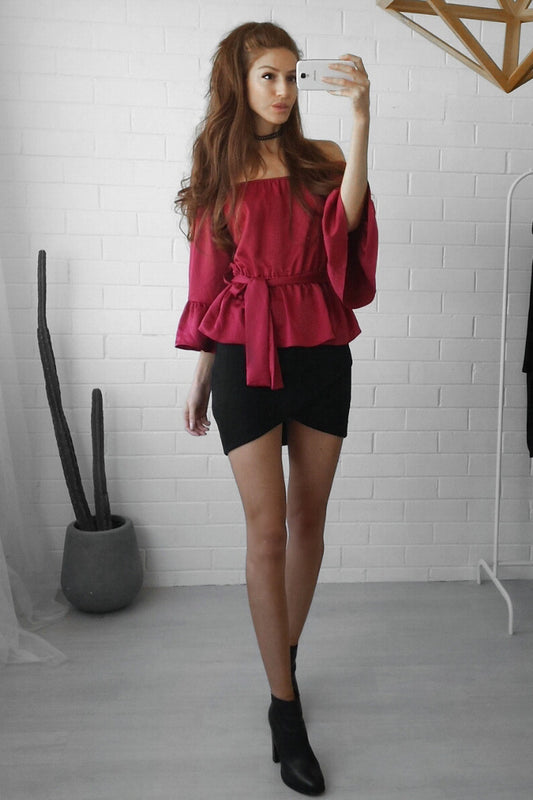 Off Shoulder Long Trumpet Sleeves Bandage Chiffon Blouses