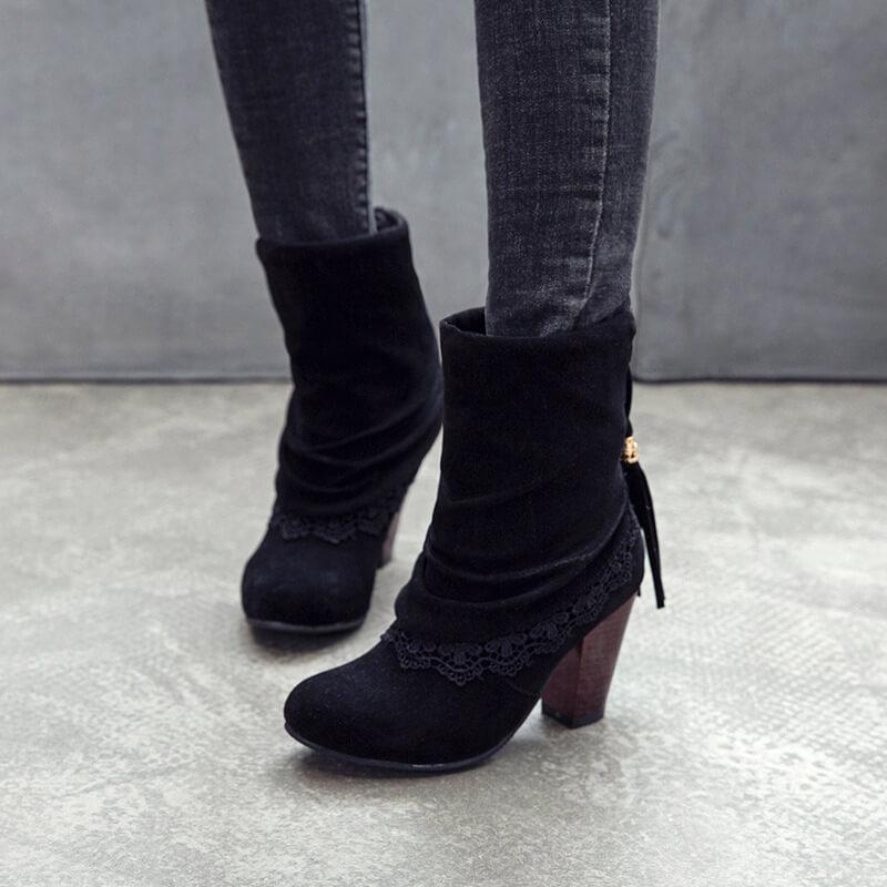 Winter Fringe Suede High Chunky Heel Calf Boots