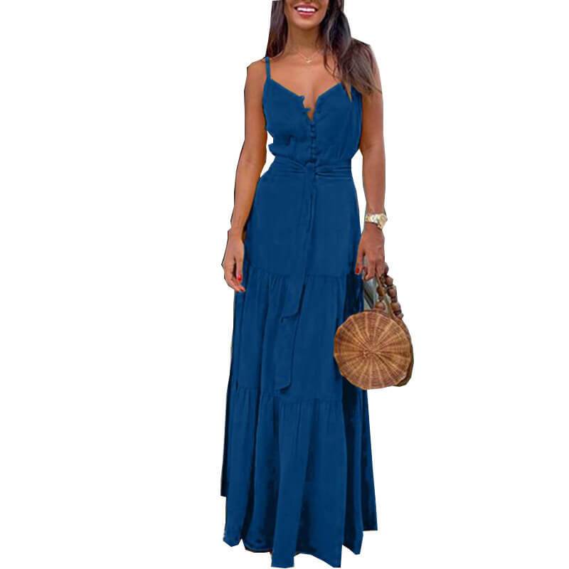 Pure Color Tie Waist Sling Long Beach Dress