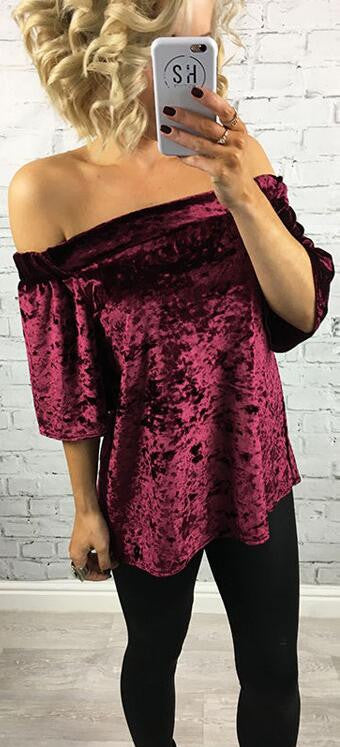 Fashion Elastic Off Shoulder Short Sleeve Velvet Blouse