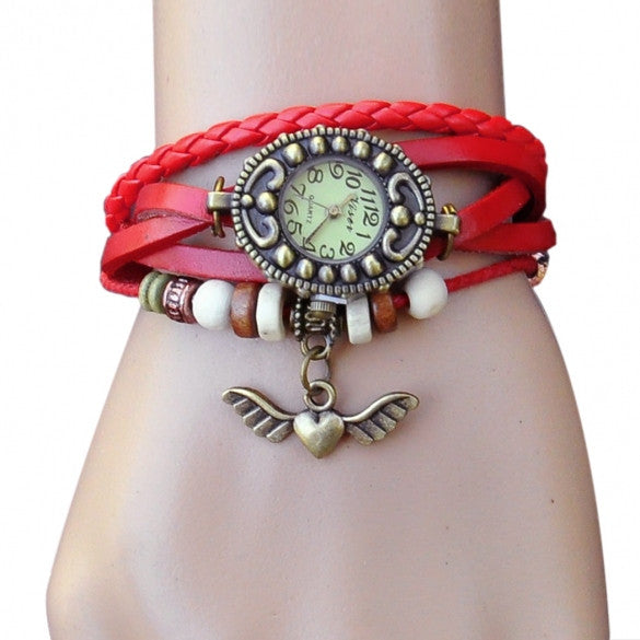 Women's Vintage Style Bronze Angel Heart Weave Wrap Synthetic Leather Bracelet Wrist Watch