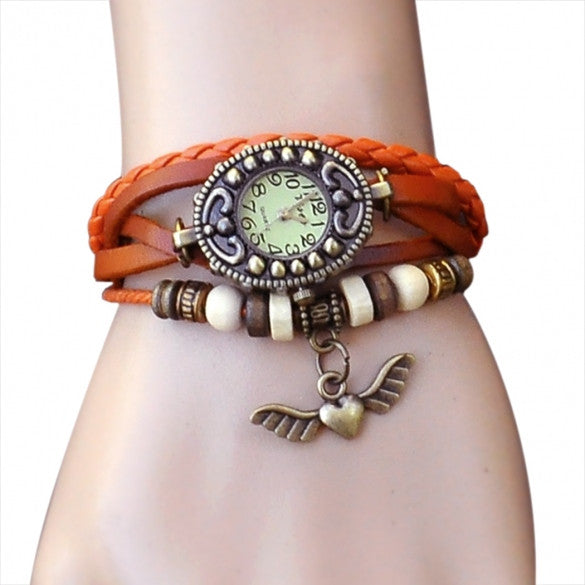 Women's Vintage Style Bronze Angel Heart Weave Wrap Synthetic Leather Bracelet Wrist Watch