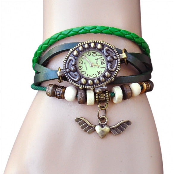 Women's Vintage Style Bronze Angel Heart Weave Wrap Synthetic Leather Bracelet Wrist Watch