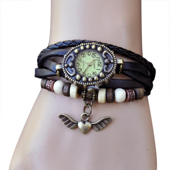 Women's Vintage Style Bronze Angel Heart Weave Wrap Synthetic Leather Bracelet Wrist Watch