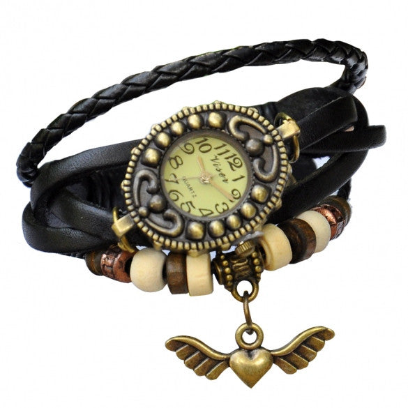 Women's Vintage Style Bronze Angel Heart Weave Wrap Synthetic Leather Bracelet Wrist Watch